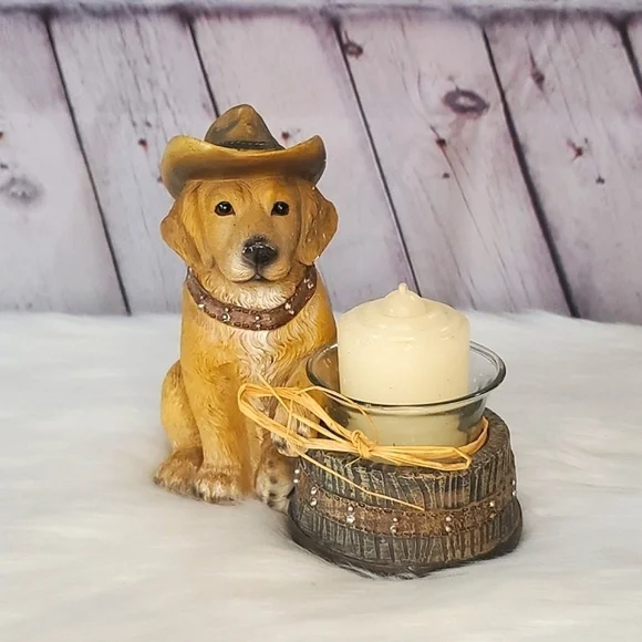 Western Cowboy Hat Yellow Labrador Retriever Dog Puppy Resin Candle Holder 6"x6" - Picture 11 of 16